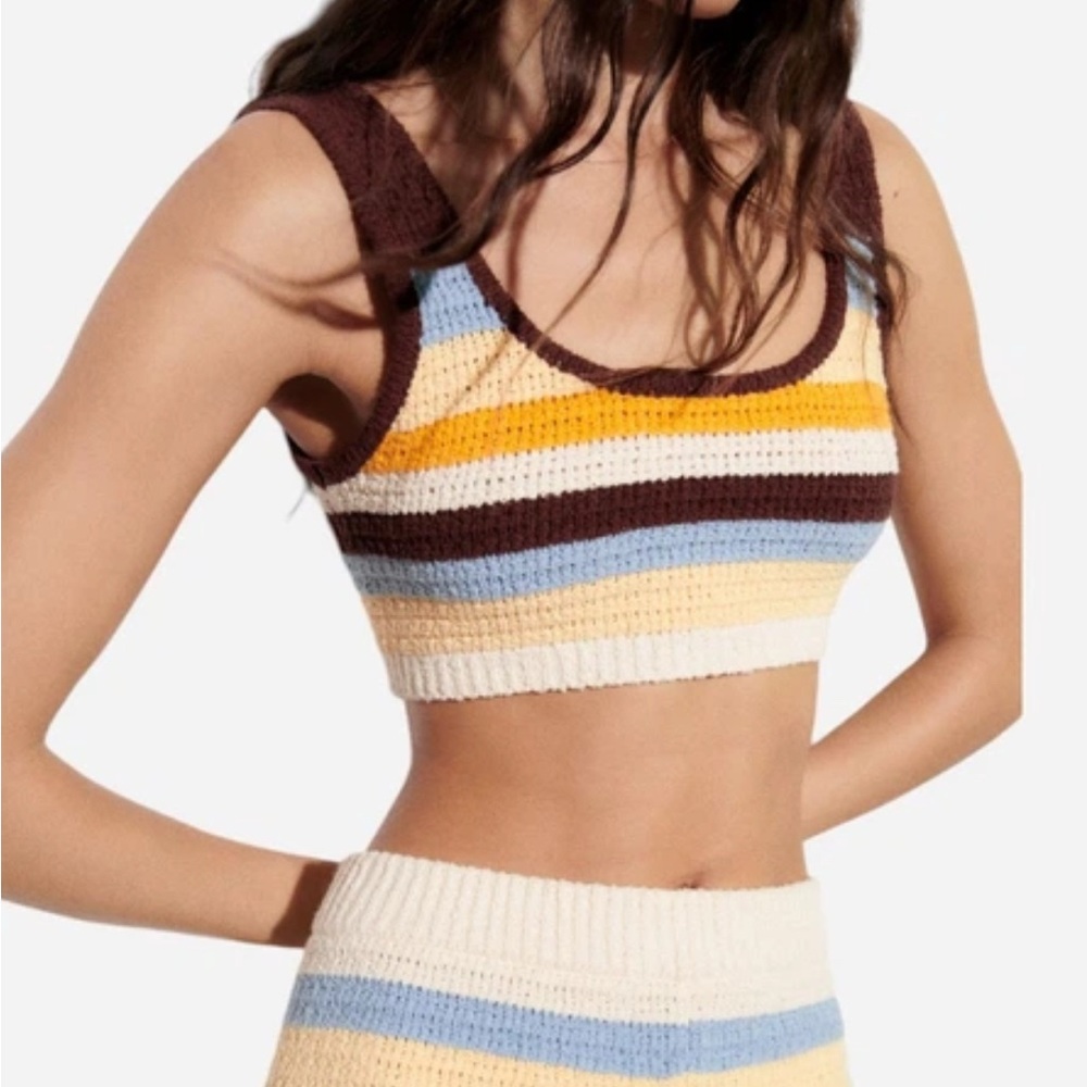 Zara Striped Crochet Knit Crop Tank Top - Brown/Blue/Yellow/Cream